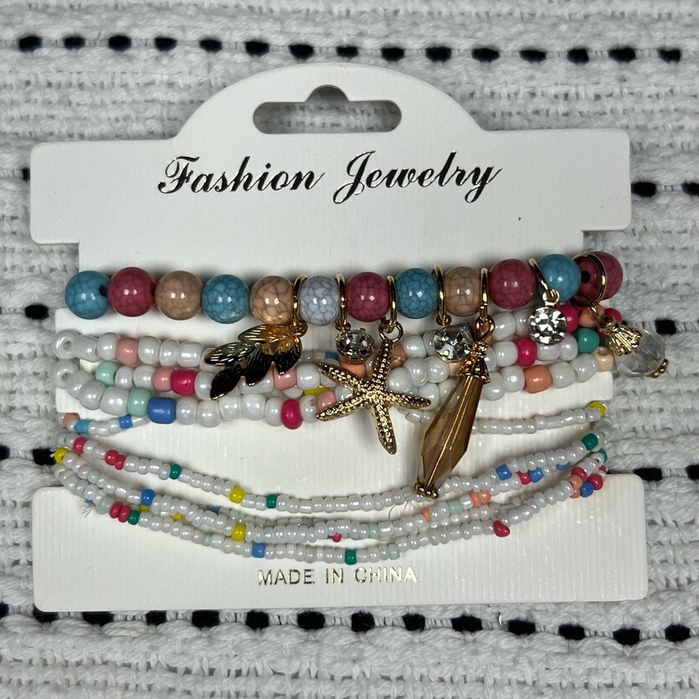 Boho Multi-Color Beaded Bracelet Set, beach theme, elastic stretch bracelets - Picture 2 of 2